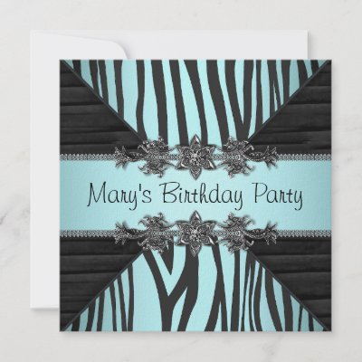 Black Teal Blue Zebra Womans Birthday Party Announcement