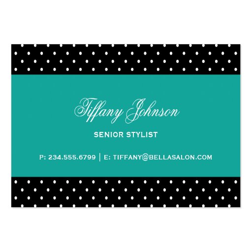 Black & Teal Cute Modern Polka Dots Business Card (back side)