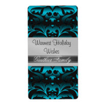 Black & Teal Damask Holiday Wine Label