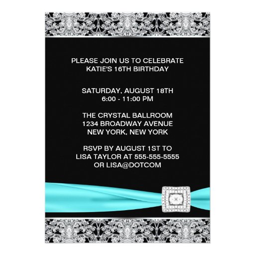 Black Teal Silver Lace Elegant Sweet Sixteen Party Invitations