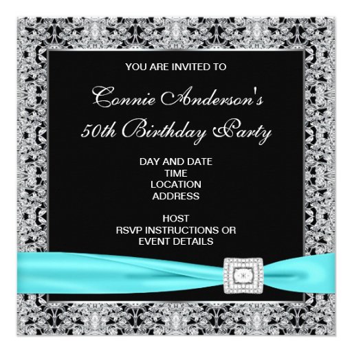 Black Teal Womans Classy 50th Birthday Party Announcements