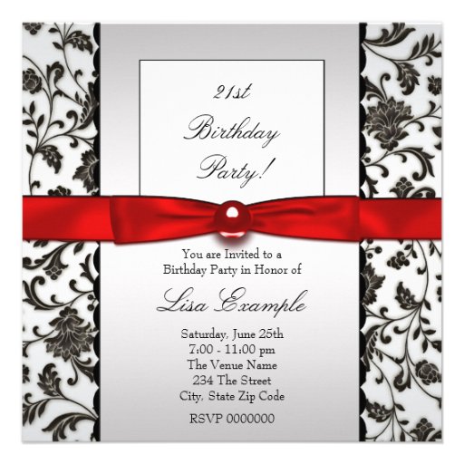 Black Tie Damask Womans 21st Birthday Party Personalized Invitations