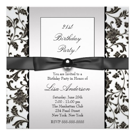 Black Tie Damask Womans 21st Birthday Party Personalized Announcements (front side)