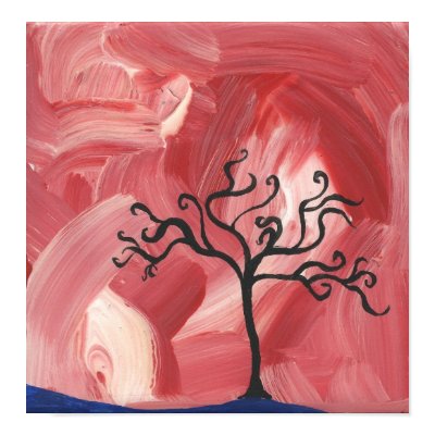 black tree minimalist painting abstract red white print by Halima_Ahkdar