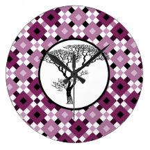 Black Tree Silhouette in Circle on Purple Pattern Round Clock