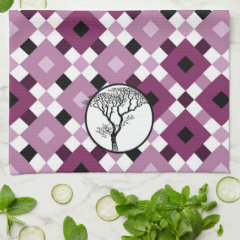 Black Tree Silhouette in Circle on Purple Pattern Hand Towels