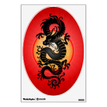 Black Tribal Chinese Dragon, red background Room Decals
