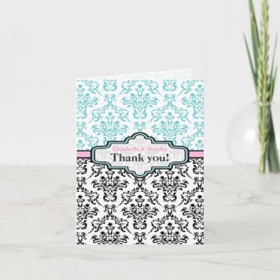 Black white turquoise pink damask wedding Thank You note card
