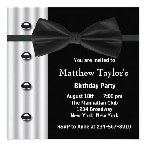 Black Tuxedo Bow Tie Mens Birthday Party Invitatio Custom Announcement
