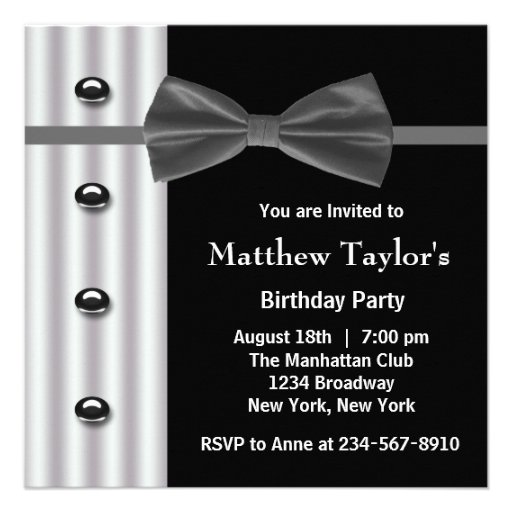 Black Tuxedo Bow Tie Mens Birthday Party Personalized Invite (front side)