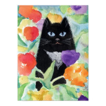 Black Tuxedo Cat in Poppies posters