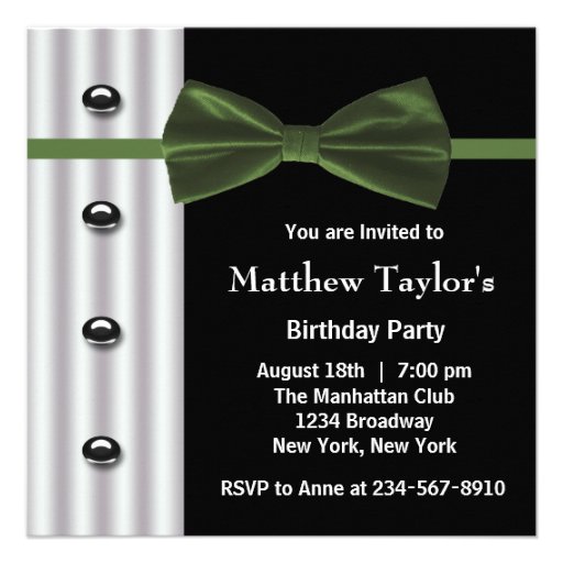 Black Tuxedo Green Bow Tie Mens Birthday Party Invitations (front side)