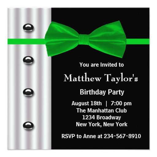 Black Tuxedo Green Bow Tie Mens Birthday Party Custom Invites