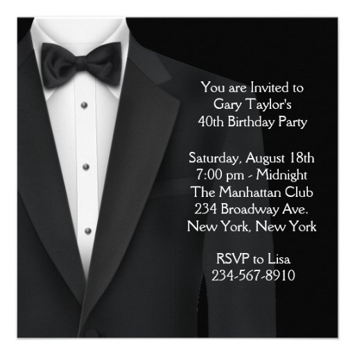 Black Tuxedo Mans Black Red 40th Birthday Party Personalized Invite