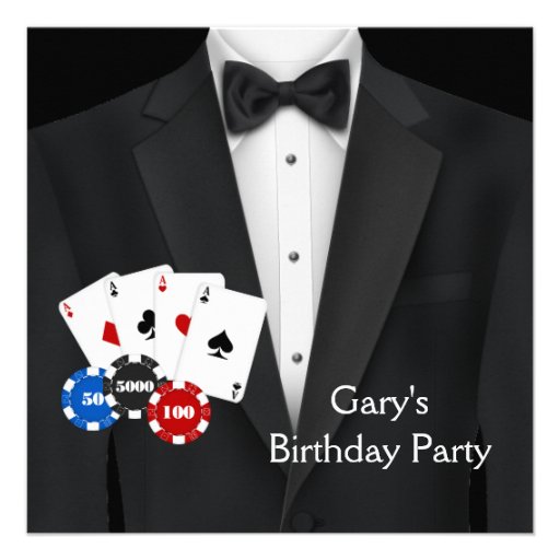 Black Tuxedo Mans Poker Birthday Party Personalized Invites