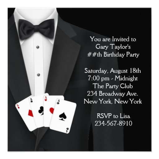 Black Tuxedo Mans Poker Birthday Party Personalized Invites