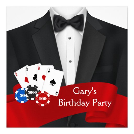 Black Tuxedo Mans Poker Birthday Party Announcement