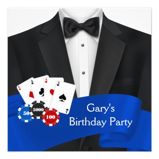 Black Tuxedo Mans Poker Birthday Party Personalized Invite (front side)