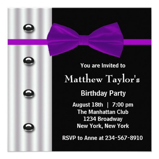 Black Tuxedo Purple Bow Tie Mens Birthday Party Personalized Invite (front side)