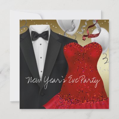 Black Tuxedo Red Dress New Years Eve Party Custom Announcements