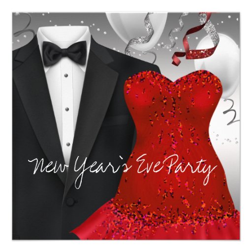Black Tuxedo Red Dress Party Invitation Template (front side)