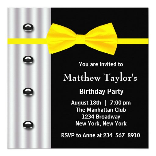 Black Tuxedo Yellow Bow Tie Mens Birthday Party Announcements (front side)
