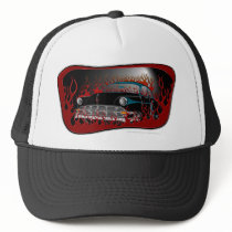 Black Two Tone 54 Chevy Hot Rod in Flames Hat by vulture_kulture Black Two Tone 54 Chevy Hot Rod in Flames Hat