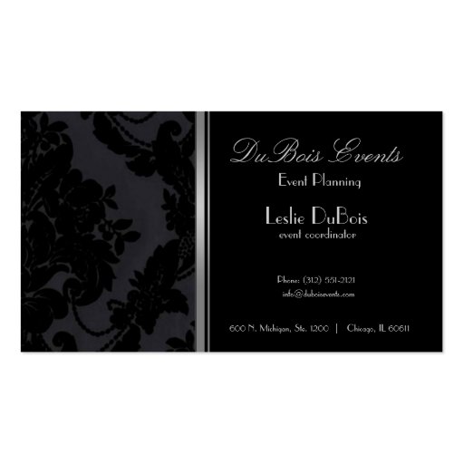 black velvet damask event planner business card