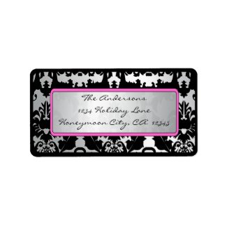 Black Vintage Damask Pink & Silver Address Label label