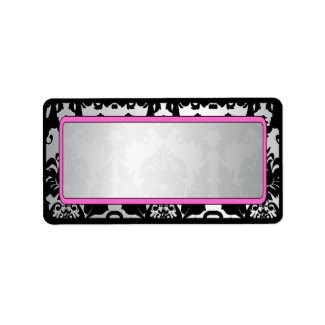Black Vintage Damask Pink & Silver Address Label label