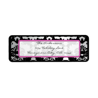 Black Vintage Damask Pink & Silver Address Label label