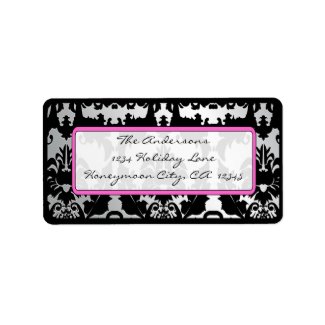 Black Vintage Damask Pink & Silver Address Label label