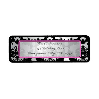 Black Vintage Damask Pink & Silver Address Label label