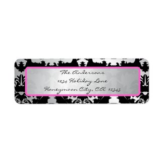 Black Vintage Damask Pink & Silver Address Label label