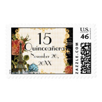 Black Vintage Eiffel Tower Rose 15th Quinceañera Stamp