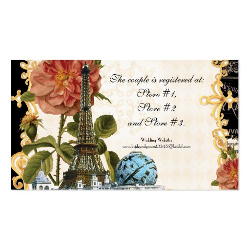 Black Vintage Eiffel Tower Rose Gift Registry Card Business Card Template (back side)
