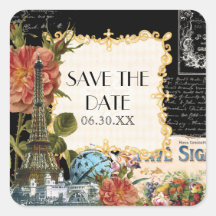 Black Vintage Eiffel Tower Rose Save the Date Seal Sticker