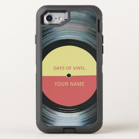 Otterbox Defender iPhone 7 Case with a design that gives the impression of a vinyl record from the era of the record player wrapped around its surface. Customize with your own text.
