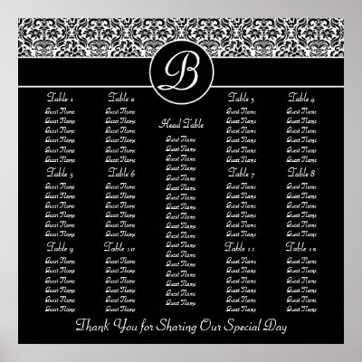 This wedding seating chart features a black and white damask pattern with a 