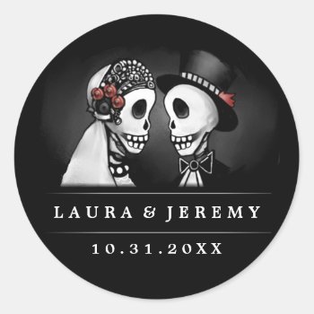 Black Wedding Skeletons Red Roses Envelope Label Classic Round Sticker by juliea2010 at Zazzle