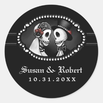Black Wedding Skeletons Red Roses Envelope Label Classic Round Sticker by juliea2010 at Zazzle