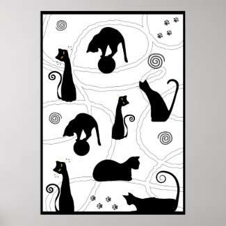 Black Whimsical Cats Poster
