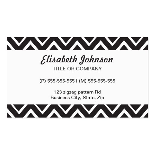 Black whimsical zig zags zigzag chevron pattern business card (front side)