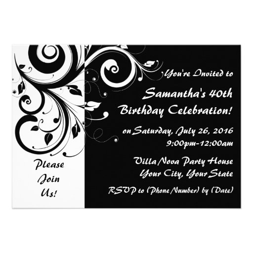 Black+White 5x7 Reverse Swirl 40 Party Invitations