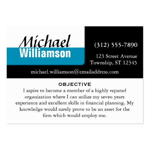 Black White and Blue Corner RESUME Cards Business Card (front side)