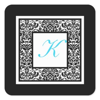 Black, White, and Blue Damask Monogram Sticker sticker