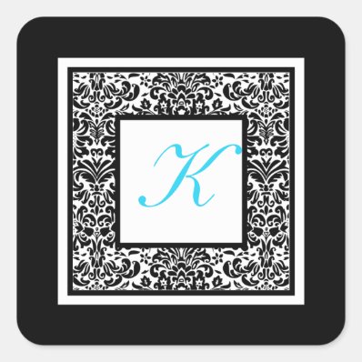 Black, White, and Blue Damask Monogram Sticker