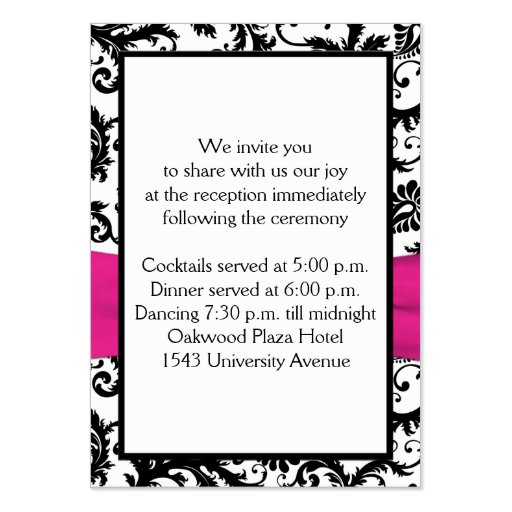 Black, White, and Fuchsia Damask Enclosure Card Business Card (back side)