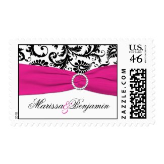Black, White, and Fuchsia Damask Wedding Postage stamp