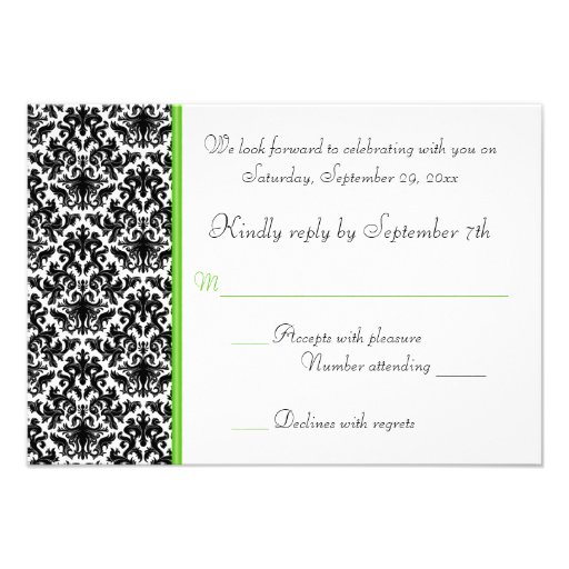 Black, White, and Green Damask RSVP Card Custom Invitations